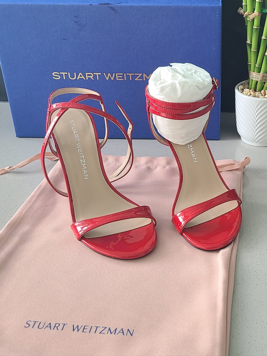 Nwb Stuart Weitzman Red Patent Leather Slim-Strap Sandals